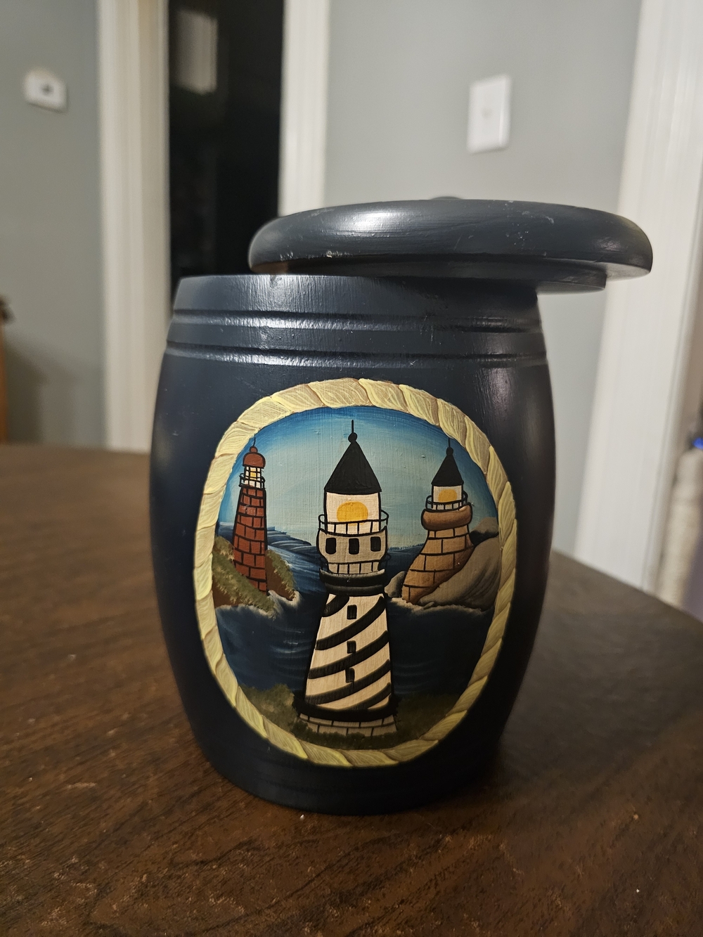 Hand-Painted Nautical Wooden Lighthouse Jar / Canister - Signed